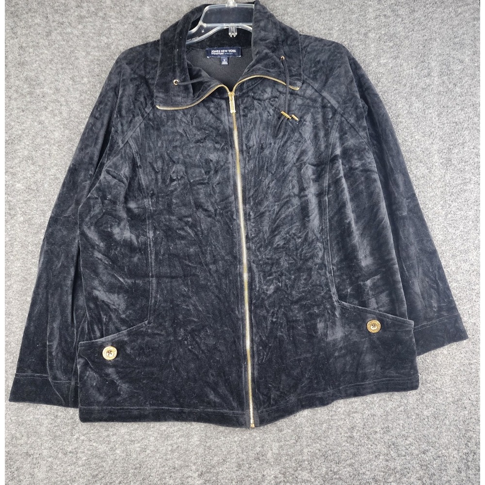 Jones New York Velour Jacket Women 1X Black Gold Zip Pocket T07WGF7324